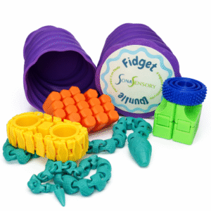Axolotl fidget toy set: Sensory play with textured rollers, blocks, and link chains for tactile exploration.