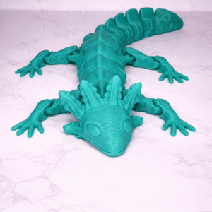 Teal 3D printed articulated Axolotl figure toy with movable joints on a white marble surface