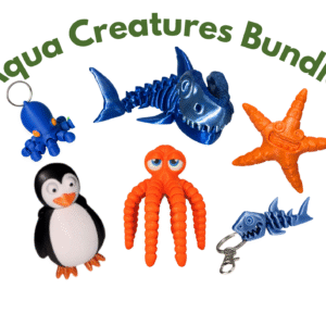 Aqua Creatures Bundle: Assorted aquatic toys including shark, octopus, starfish, penguin, and fish skeleton keychains.