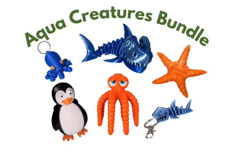 Aqua Creatures Bundle: Assorted aquatic toys including shark, octopus, starfish, penguin, and fish skeleton keychains.