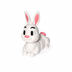 White toy Rabbit figure with pink accents, lying down.