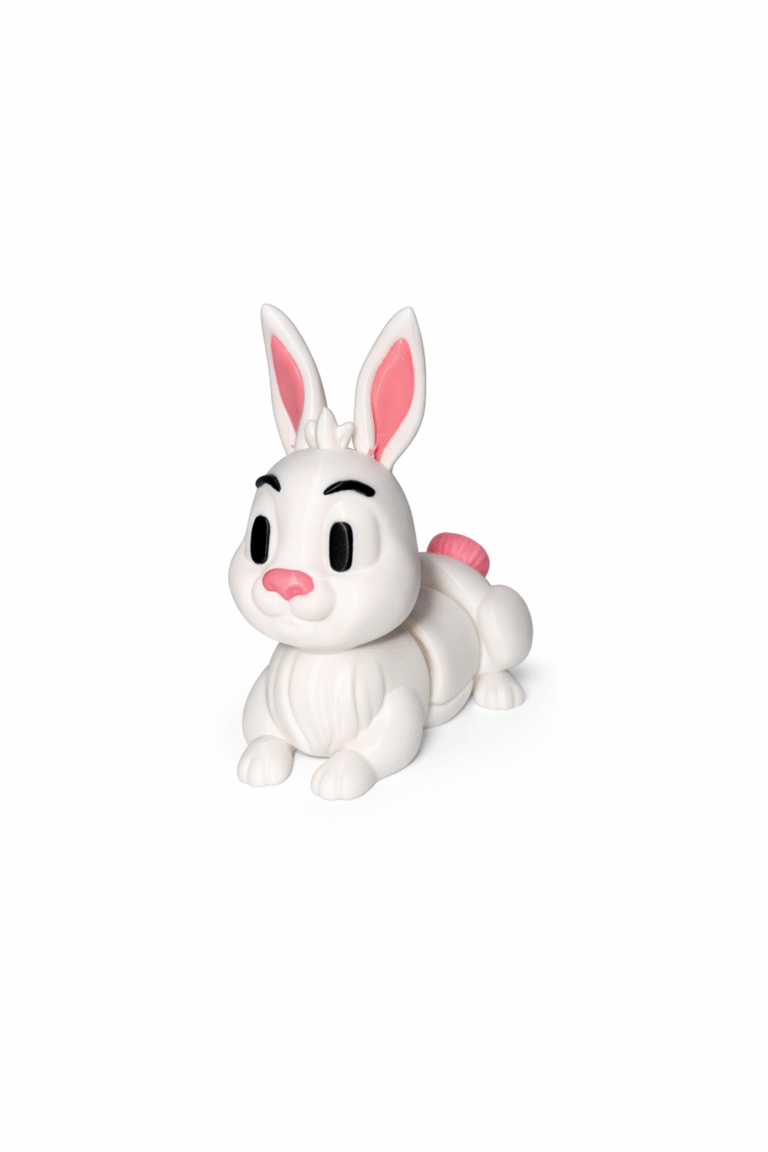 White toy Rabbit figure with pink accents, lying down.