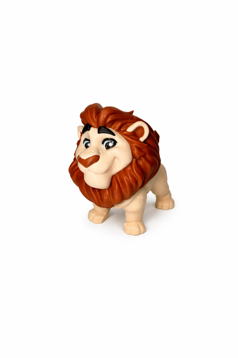 Cartoon Lion figurine with brown mane and tan body, friendly expression