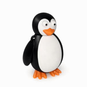 Cute 3D printed penguin figurine with black and white body, orange beak and feet.