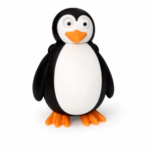 Penguin figurine with black and white body, orange beak and feet.