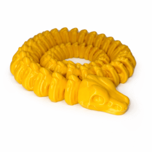 Yellow Skeleton Snake toy coiled. Articulated snake with skull head.