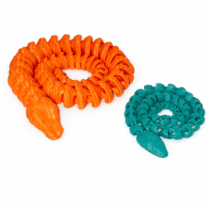 Orange and teal 3D printed Skeleton Snake toys coiled on a white background.