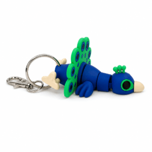 Blue and green articulated peacock keyring with a silver metal clasp.