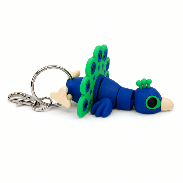 Blue and green articulated peacock keyring with a silver metal clasp.