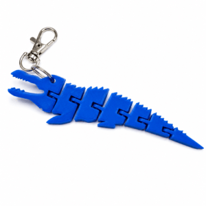 Articulated blue 3D printed crocodile keyring with a silver lobster clasp.