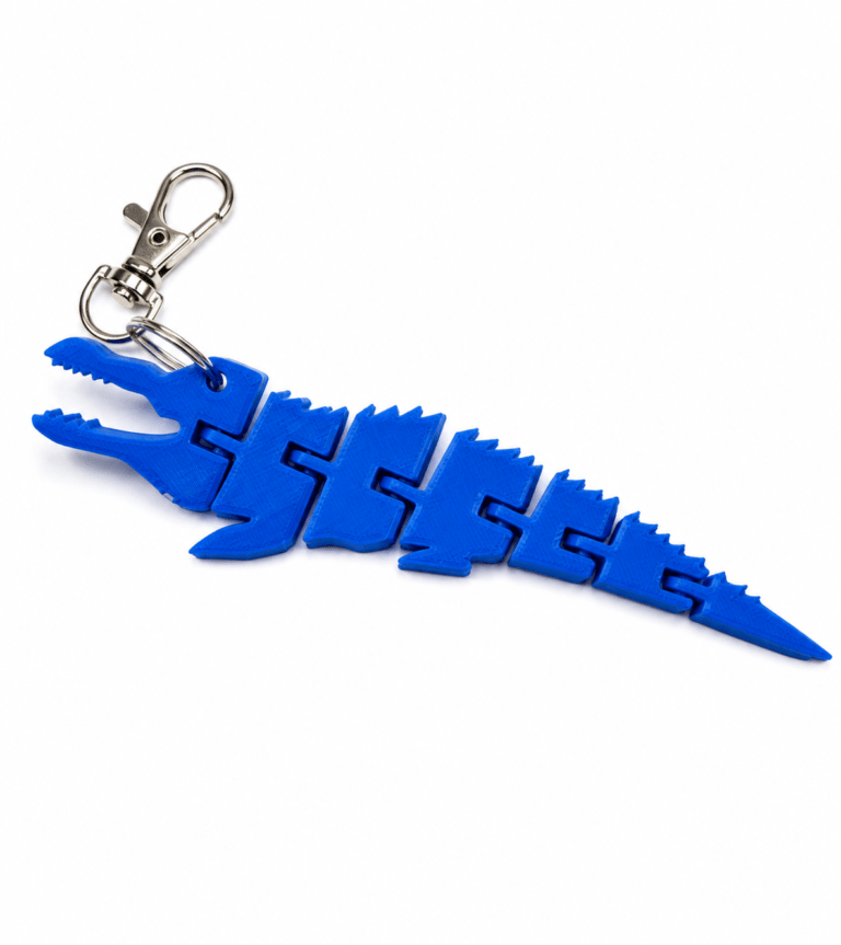 Articulated blue 3D printed crocodile keyring with a silver lobster clasp.