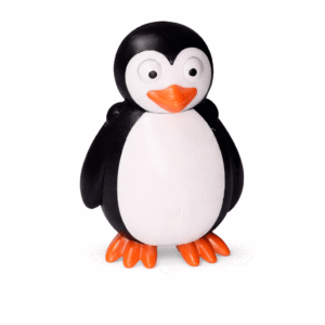 Toy penguin with black and white body, orange beak and feet