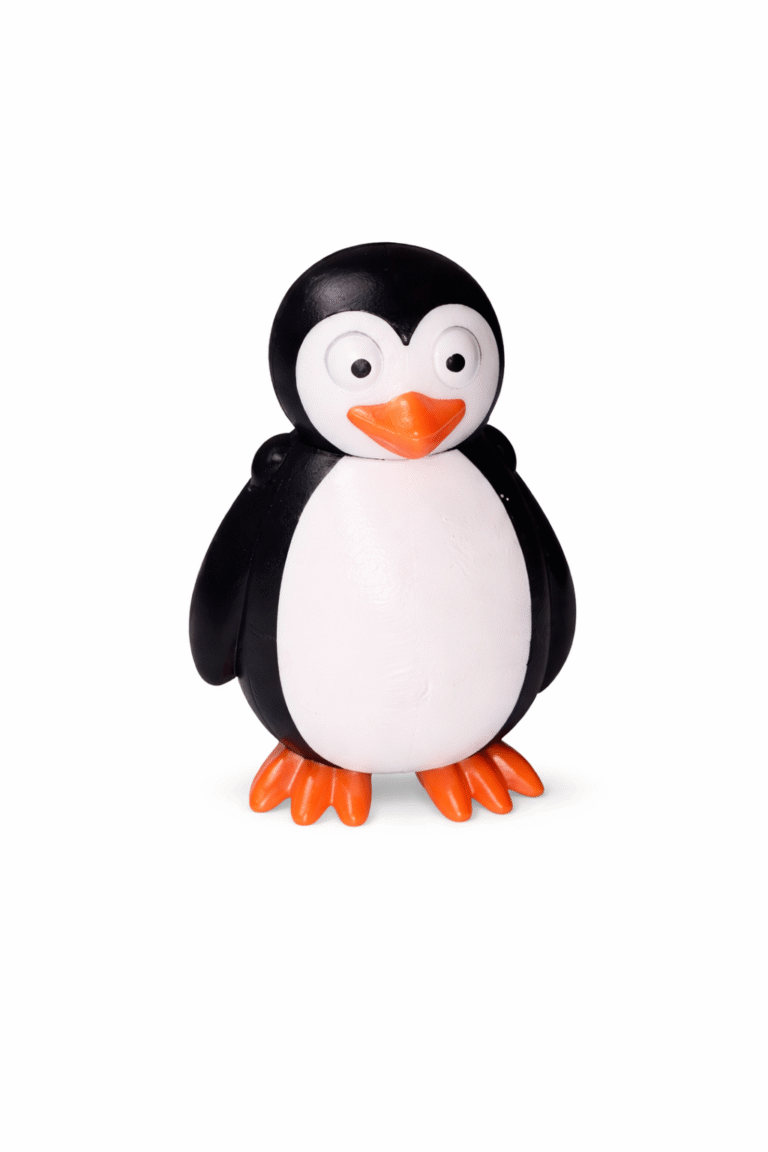 Toy penguin with black and white body, orange beak and feet