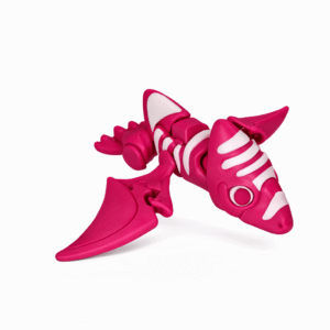 Pink and white articulated toy pterodactyl.
