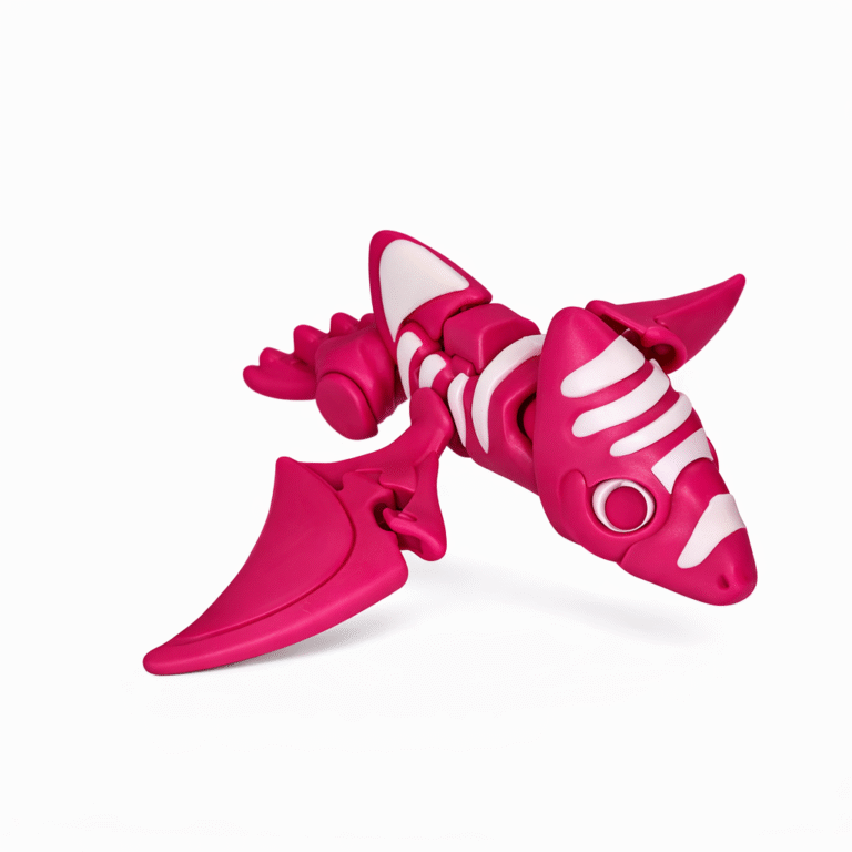 Pink and white articulated toy pterodactyl.
