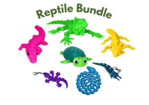 Reptile Bundle: Assorted colorful toy reptiles including iguana, crocodile, turtle, snake, and gecko.
