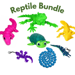 Reptile Bundle: Assorted colorful toy reptiles including iguana, crocodile, turtle, snake, and gecko.