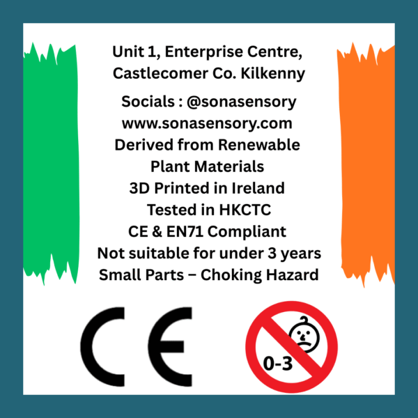 Chick product info: Unit 1, Enterprise Centre, Castlecomer Co. Kilkenny, @sonasensory, www.sonasensory.com, renewable, 3D printed, CE & EN71, choking hazard.