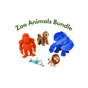 Clay zoo animals bundle including an orangutan, monkey, elephant, lion, and a mouse keychain.