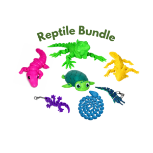 Colorful reptile toys including a turtle, gecko, alligator, and snake, part of a reptile bundle.