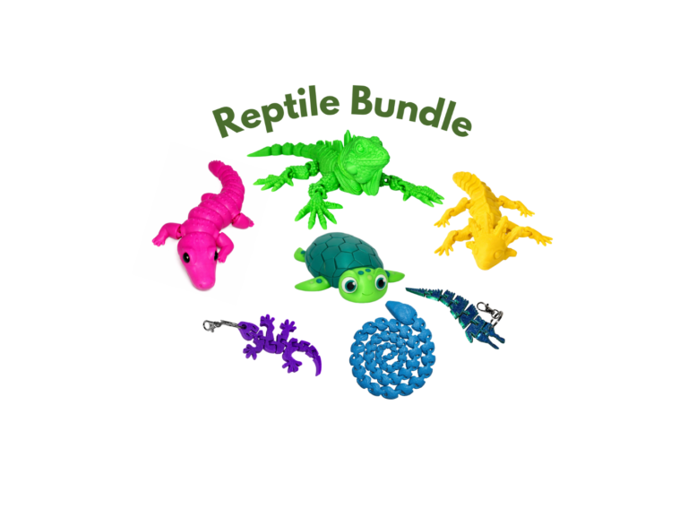 Colorful reptile toys including a turtle, gecko, alligator, and snake, part of a reptile bundle.