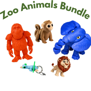 Zoo Animals Bundle: Orangutan, monkey, elephant, lion, and blue worm toy figures.