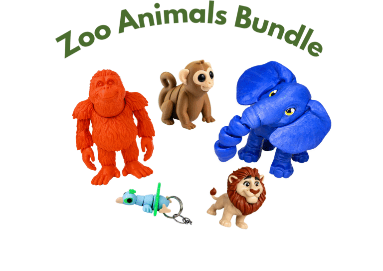 Zoo Animals Bundle: Orangutan, monkey, elephant, lion, and blue worm toy figures.