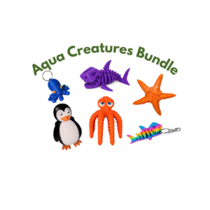 Aqua Creatures Bundle: A purple skeleton octopus, orange octopus, penguin, orange starfish, and rainbow shark keychain.