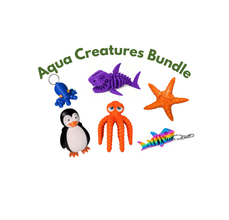 Aqua Creatures Bundle: A purple skeleton octopus, orange octopus, penguin, orange starfish, and rainbow shark keychain.