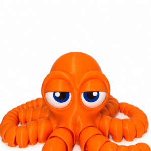 Orange 3D printed Octopus toy with big blue eyes and articulated tentacles