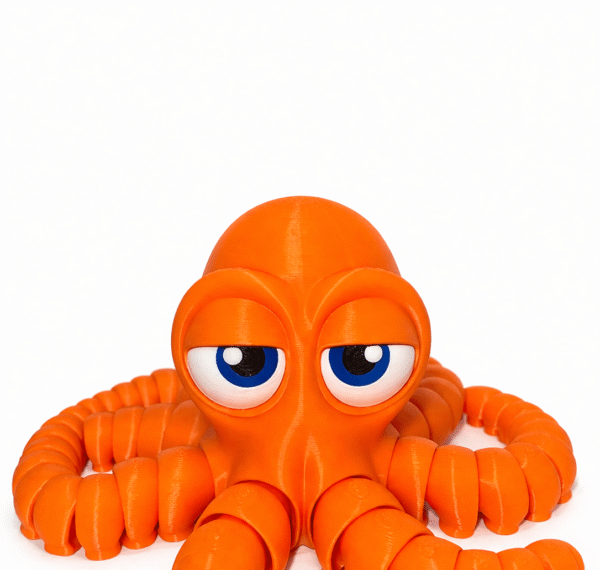 Orange 3D printed Octopus toy with big blue eyes and articulated tentacles