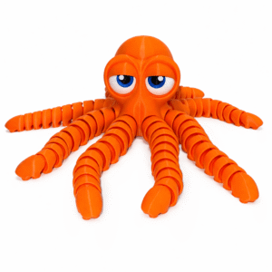 Orange Octopus toy with segmented tentacles and large, expressive blue eyes.