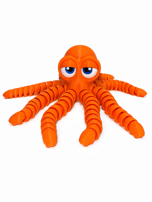 Orange Octopus toy with segmented tentacles and large, expressive blue eyes.