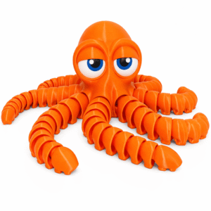 Orange Octopus toy with flexible, segmented tentacles and large, expressive blue eyes.