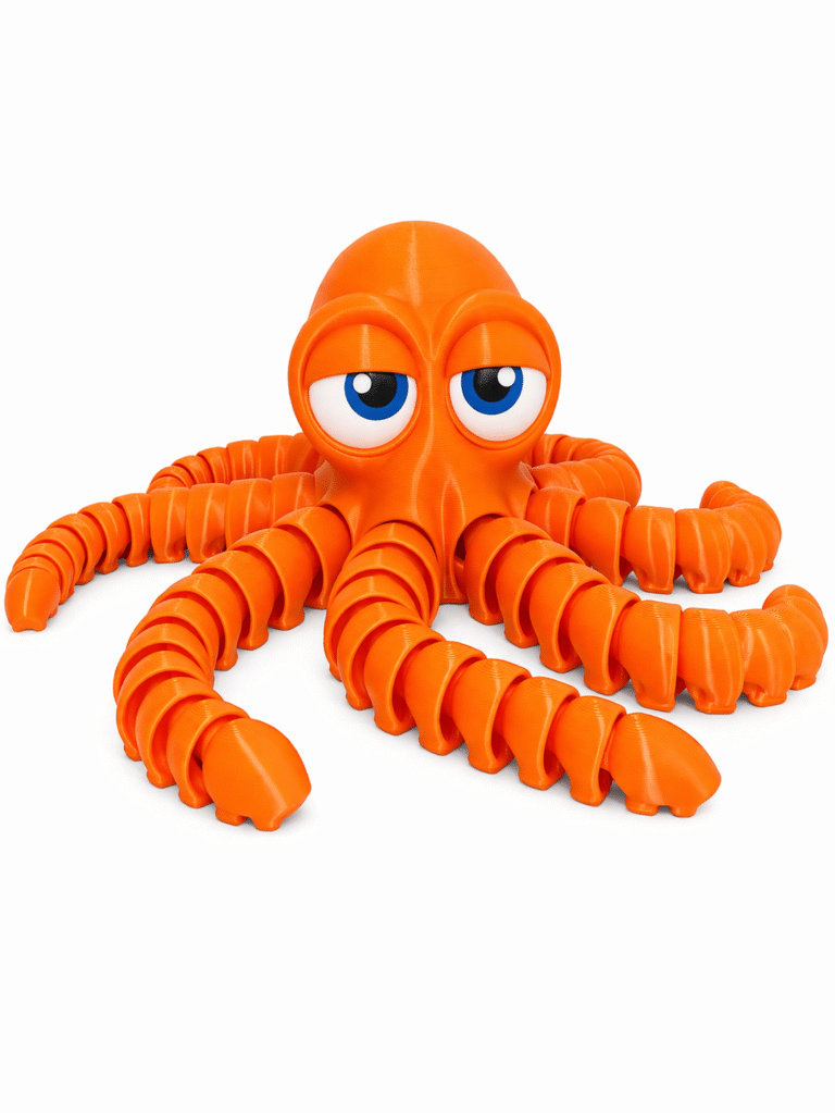 Orange Octopus toy with flexible, segmented tentacles and large, expressive blue eyes.
