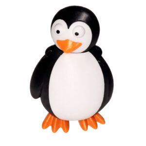 Penguin toy: Black and white cartoon penguin figure with orange beak and feet