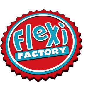 Flexi Factory logo with red, blue, and white colors