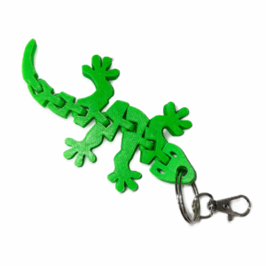 Green Gecko Keyring: Articulated plastic gecko keychain with metal ring and clip.
