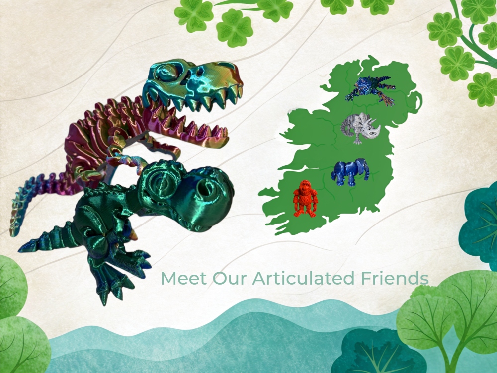 Colorful articulated dinosaurs and other animals over a map of Ireland. Text: "Meet Our Articulated Friends.