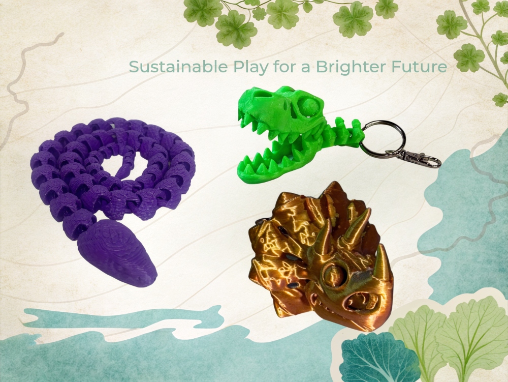 3D-printed dinosaur toys: purple snake, green T-Rex keychain, and copper Triceratops. Text: Sustainable Play for a Brighter Future.