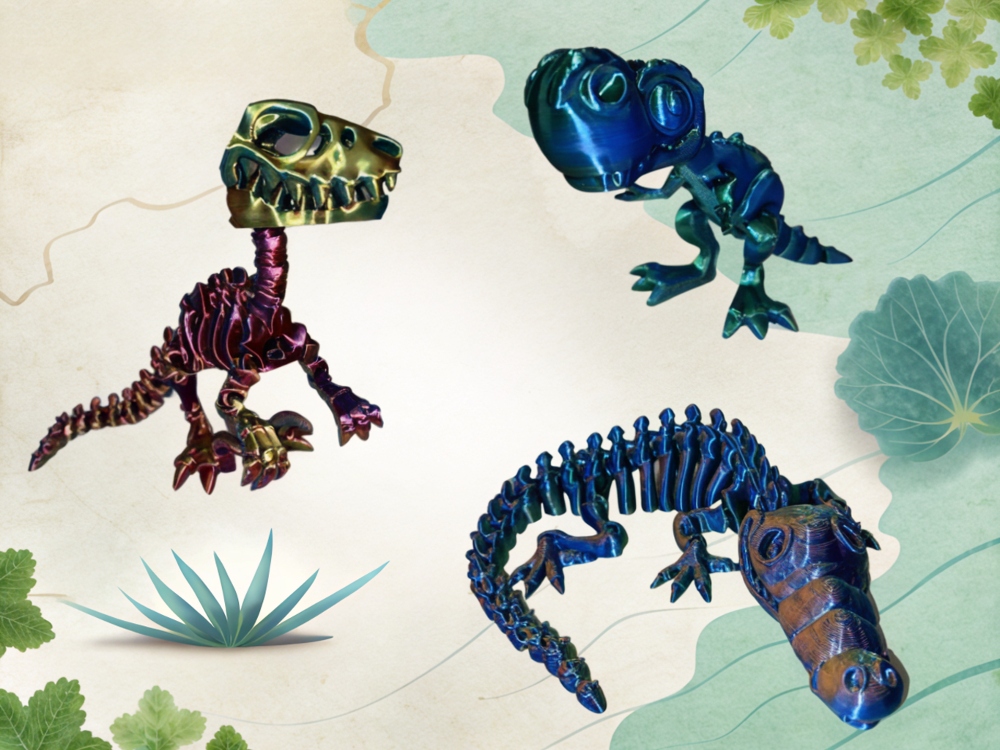Three colorful 3D printed dinosaur skeleton toys on a decorative background.
