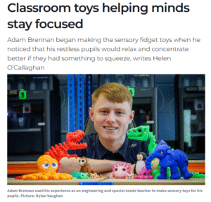 Latest News - Adam Brennan Irish Examiner feature with colorful 3D printed Sona Sensory fidget toys for pupils