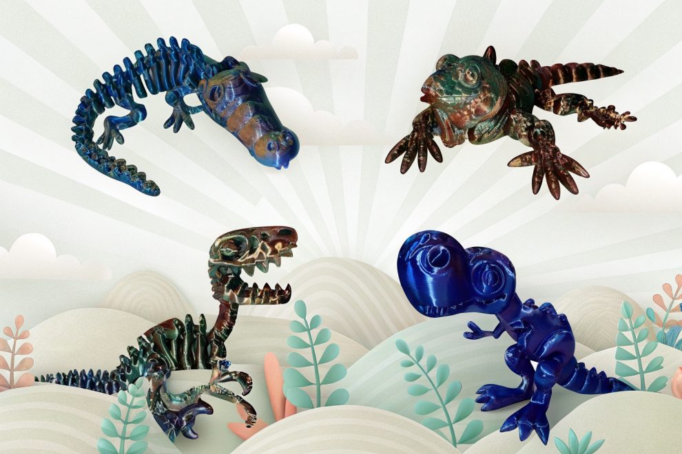3D-printed dinosaur and reptile skeletons and toys in a whimsical landscape.
