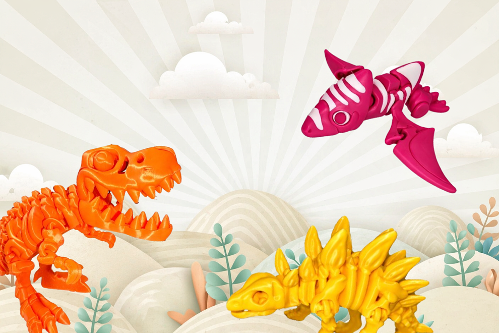 3D printed dinosaur skeletons in bright colors, symbolizing creativity and sustainable play.